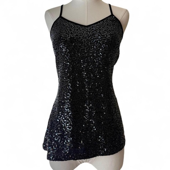 Y2K Express Sequin Crop Top | Black Party Cami | Coquette Glam Small - Picture 2 of 5